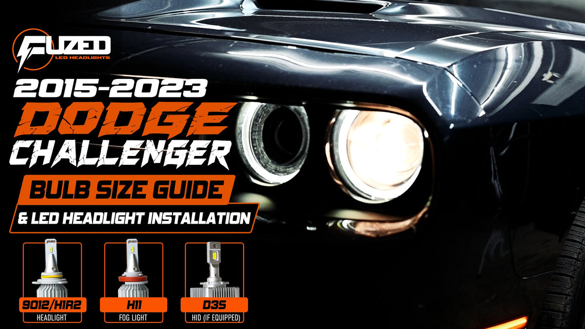2015-2023 Dodge Challenger LED bulb size guide showing 9012 HIR2 headlights, H11 fog lights and D3S HID