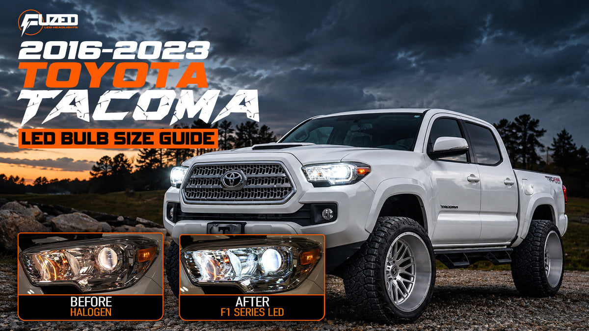 2016-2023 Toyota Tacoma LED bulb size guide showing halogen and F1 Series LED headlights