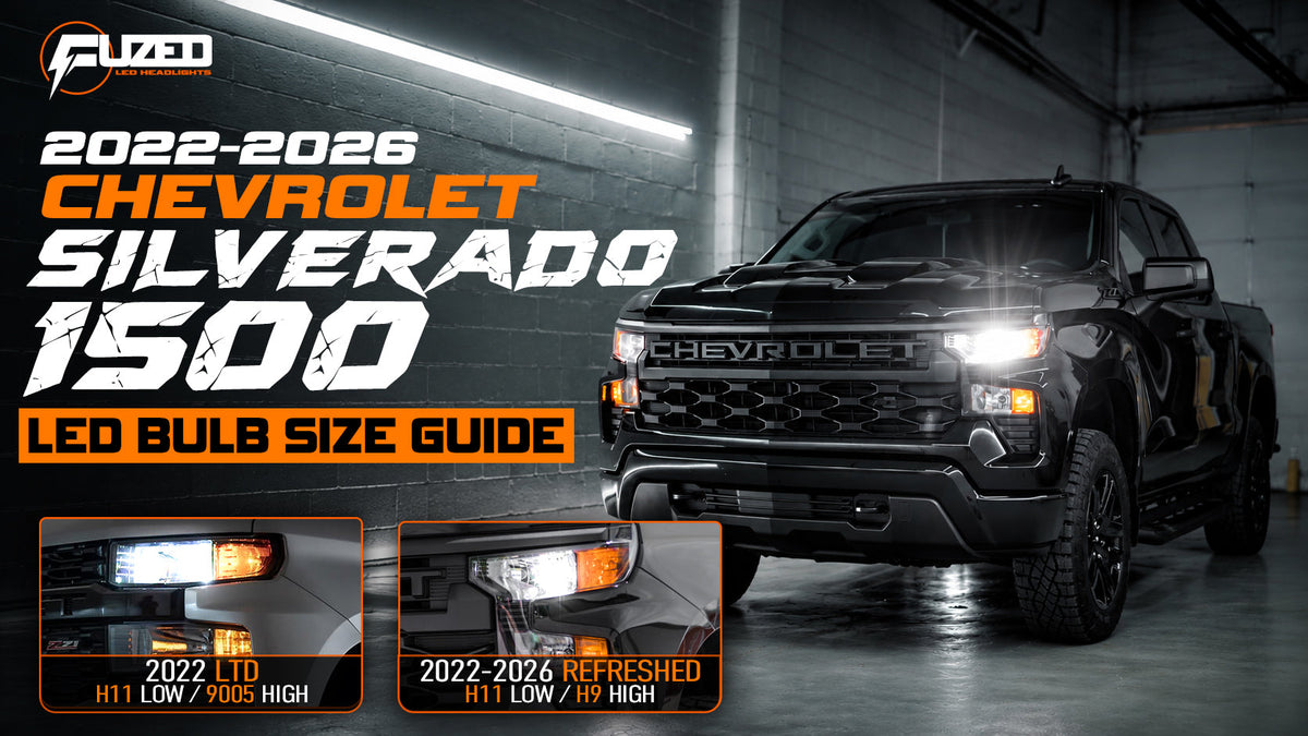 2022-2026 Chevrolet Silverado 1500 LED bulb size guide showing 2022 LTD and refreshed headlight configurations